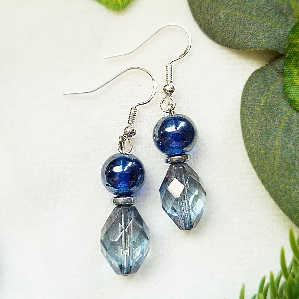 Dark Blue Mirror Glass Drop Earrings, Pale Blue Faceted Beads, Sterling Silver